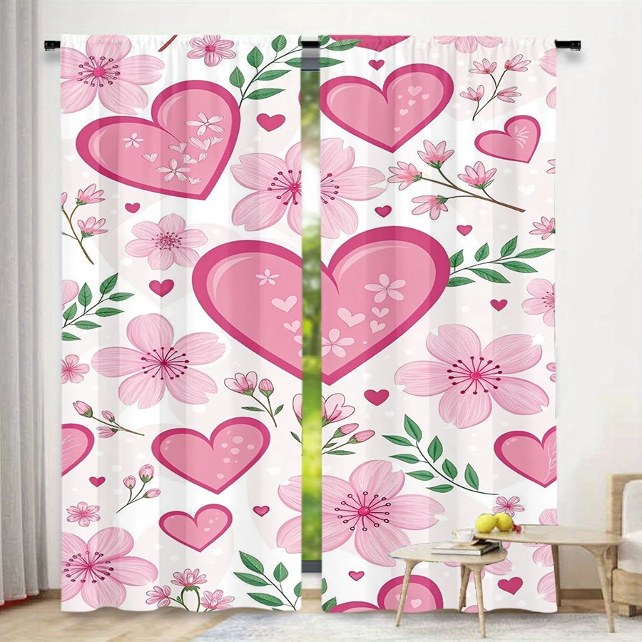 2 Pack Pink Cherry Blossom Heart Curtains, Romantic Floral Design, Flat Print, Light Filtering Fabric, Suitable for Bedroom
