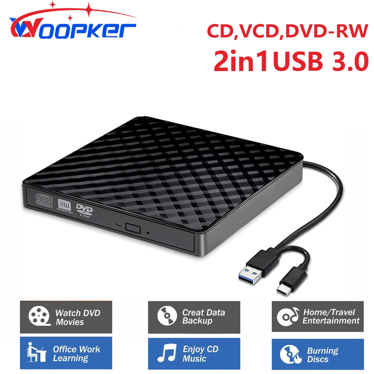 

Woopker 2in1 External Dvd Rw Cd Scriter Drive Reader Usb3.0 Typec Portable Pop-Up Mobile External Card Reader Notebook Computer