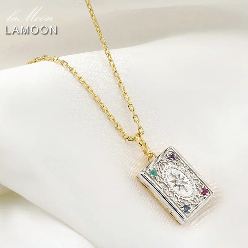 

LAMOON Natural Gemstone Necklace For Women Retro Magic Book Pendant 925 Sterling Silver Gold Plated Fine Jewelry Christmas Gift