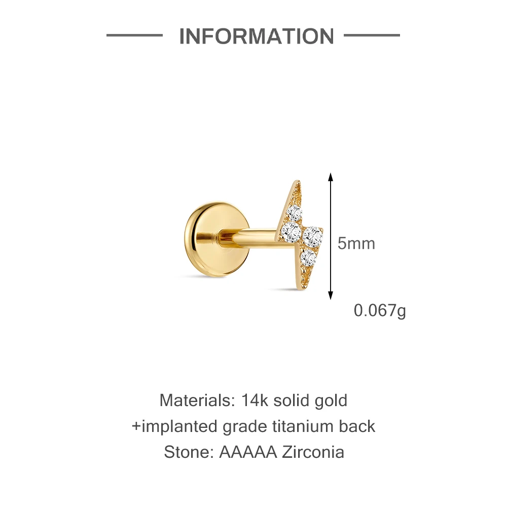 ROXI 1PC 14K Solid Gold Cubic Zirconia Lightning Flat Back Cartilage Stud Helix Tragus Piercing Earring Fine Jewelry Gift