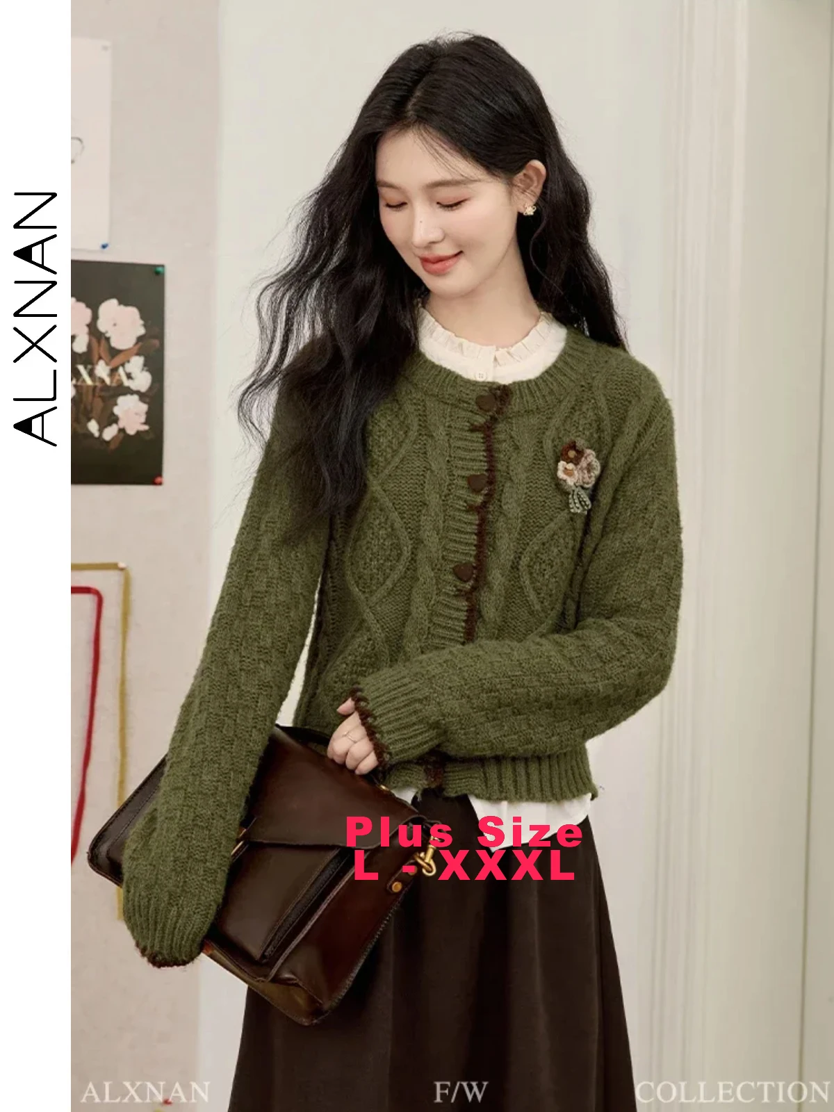 ALXNAN Plus Size Retro Knit Cardigan for Women Trendy 2 in1 Ruffle Round Collar Heart Button Flower Brooch Fall Lady Tops D07863