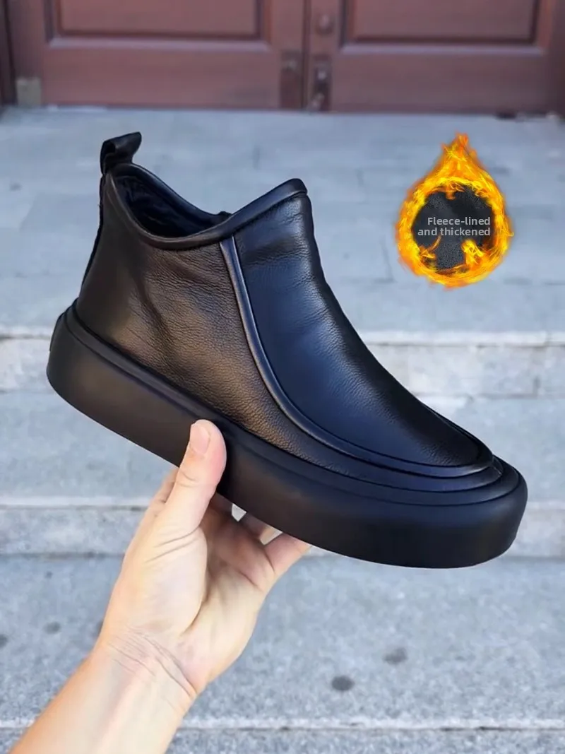 Men's Winter Thickened Warm Fleece Lined Leather Shoes High Top Anti-slip Wear-resistant Business Casual Style round Toe