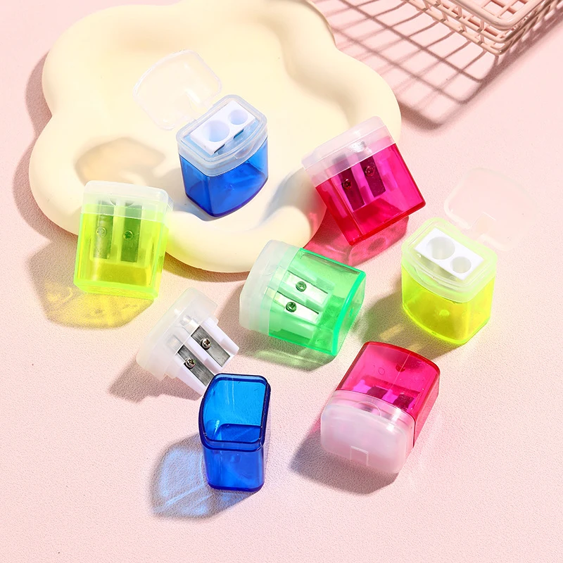 2 Pieces Manual Dual Holes Pencil Sharpener with Lid Portable Colorful Crayon Sharpener for Adults Ideal for School Office Hom