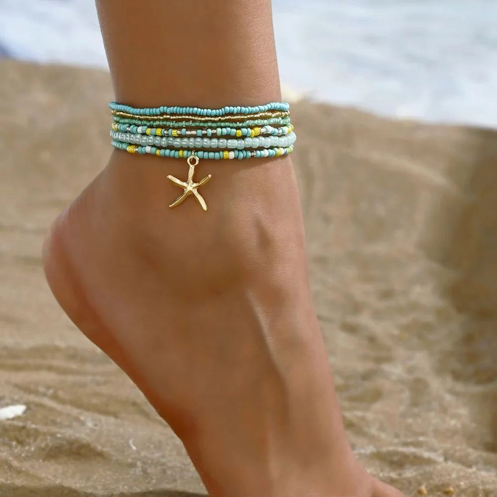 6pcs Set Summer Beach Acrylic Round Ball Beaded Starfish Anklet for Women Retro Trend Multilayer Foot Jewelry Holiday Accessory
