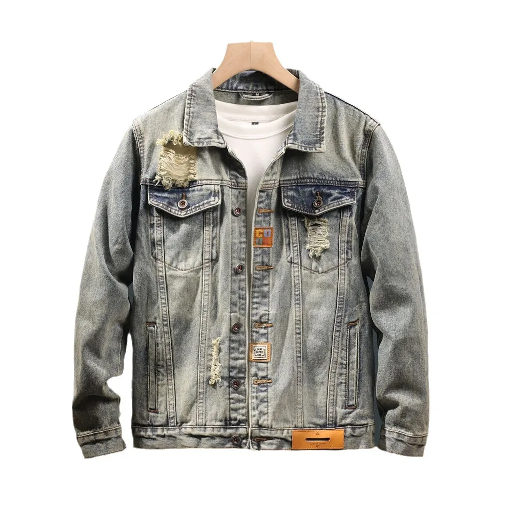 Men's retro ripped denim jacket, new spring and autumn styles, trendy brand, handsome and high-end jacket, American style,