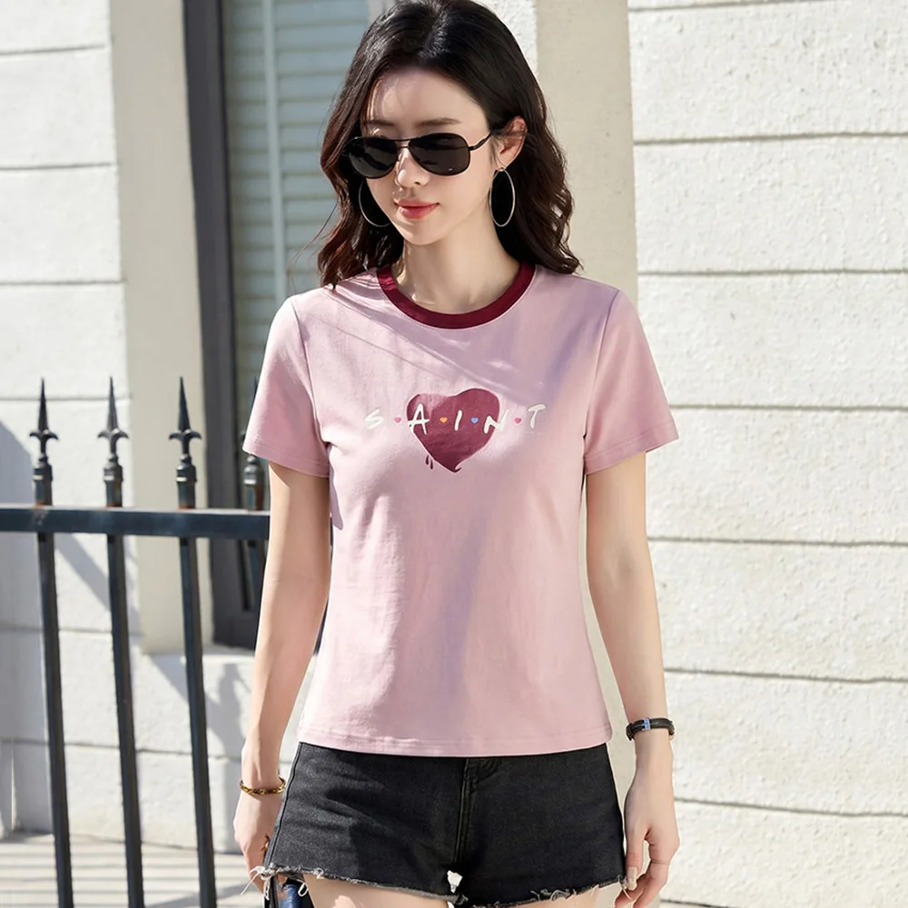 New Women Print Short Sleeve T-shirt Summer Fashion Contrast Color O-Neck Slim T-shirt Casual Simplicity Daily Pullover T-shirt