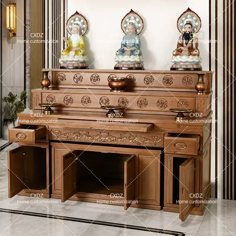 Solid Wood Multi Layer Incense Table Buddhist Altar for Buddha Guanyin God of Wealth Home Worship Platform Religious Shrine