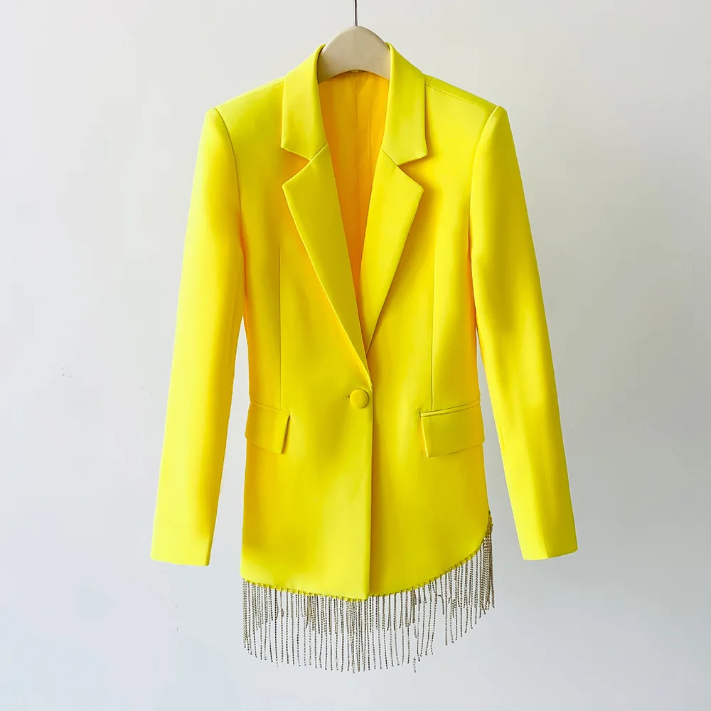 Fato amarelo feminino, saia, jaqueta de 2 peças, vestido de baile curto, luxo, senhora do escritório, roupa de trabalho diária, casaco de um botão, primavera