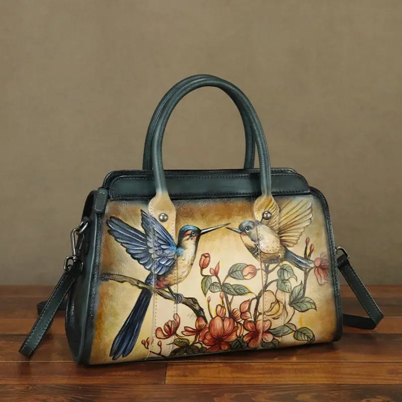 Vintage Hand-painted Hand-made Leather Women's Handbags Shoulder Crossbody Bag Plant Tanned Head Layer Cowhide Boston Bags