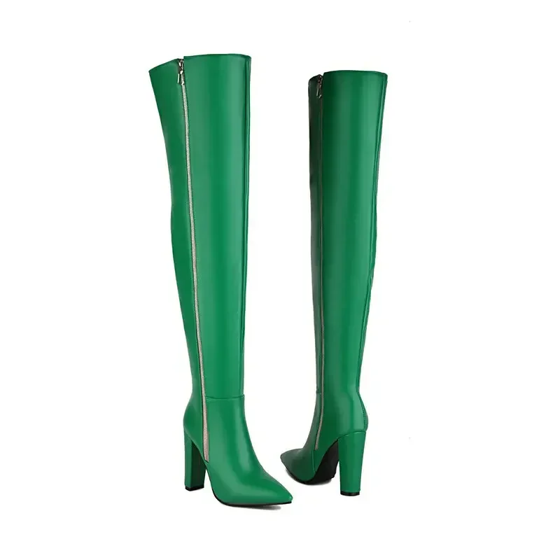 Green Yellow Pointed Toe Thick Block High Heels Stripper Pole Dance Shoes Side Zipper Overknees Over-the-knee Thigh Long Boots