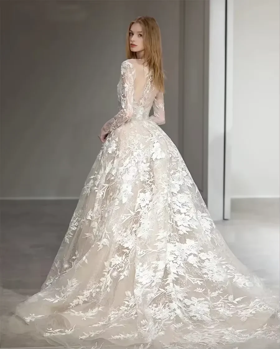 Customzied Wedding Dress Newest A Line For Bride O-Neck Long Sleeves Lace Jacket Full Sleeves Plus Sizes Vestidos De Novias