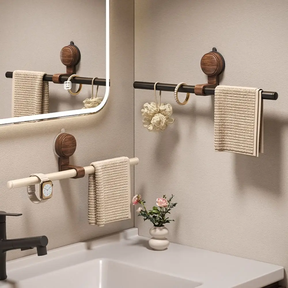 Vintage Walnut Wood Towel Rack with Suction Cups - No Drilling Required for Bathroom or Shower