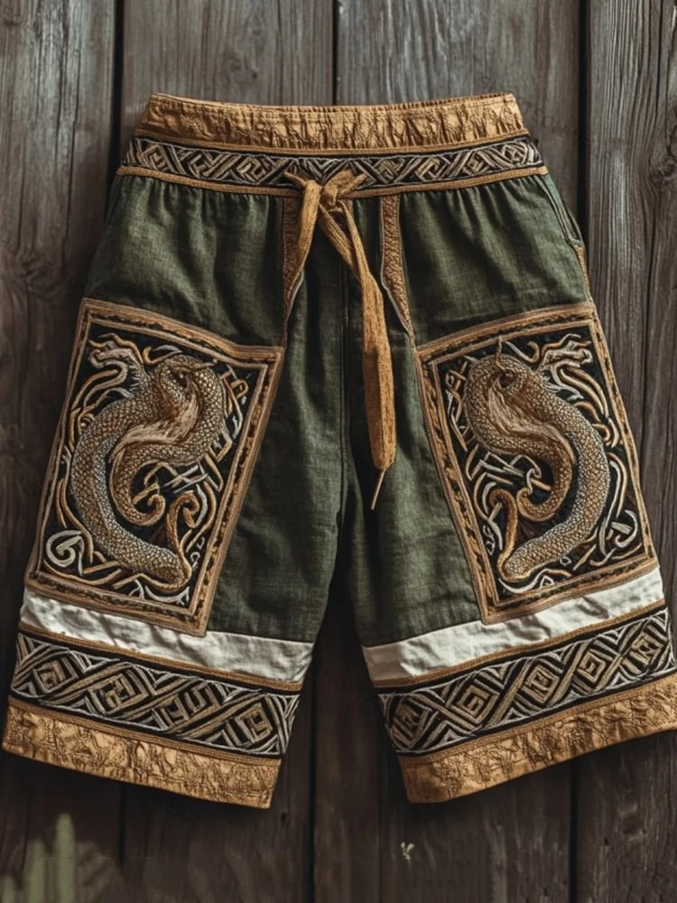 남성용 빈티지 노르딕 룬 신화 늑대 3D 프린트 캐주얼 바지 남성용 민족 토템 드로스트링 반바지 여름 루즈 비치 팬츠