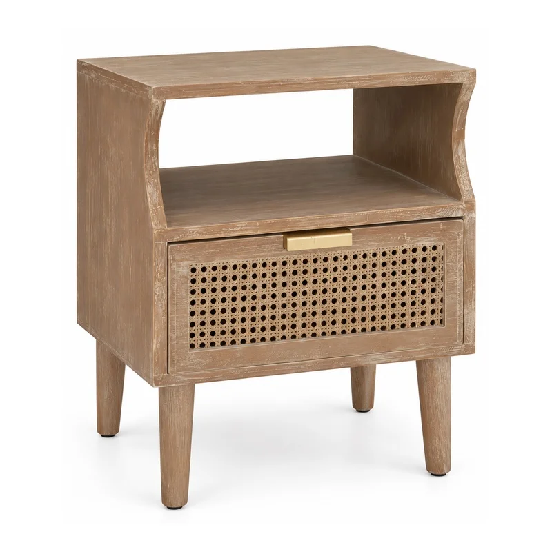 Vintage Rattan Bedside Table with Drawer & Open Shelf, Rustic Wooden Nightstand, Boho Bedroom Side Table 46x39x56cm
