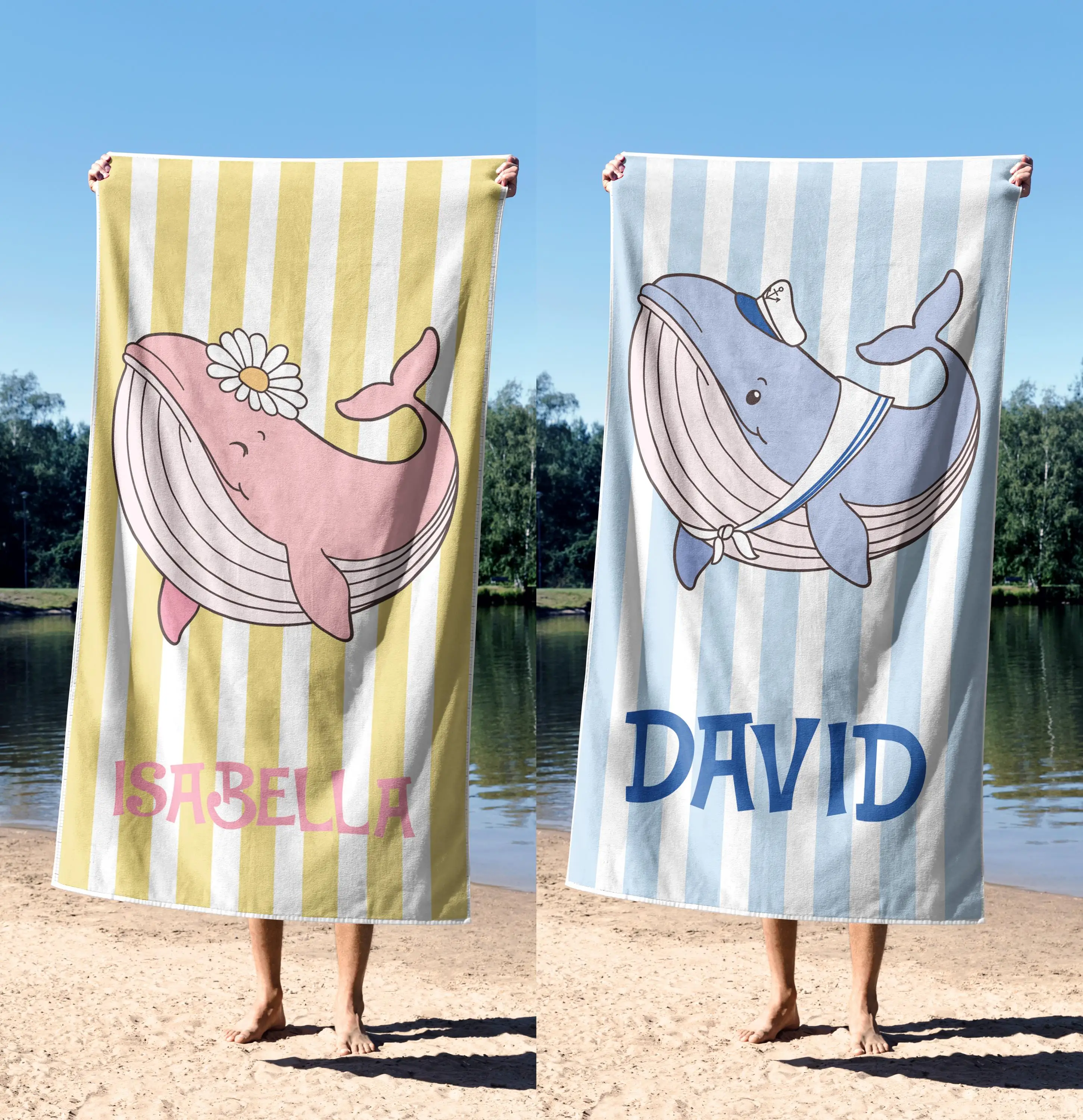 Toallas de playa personalizadas con estampado de ballena, toallas de playa personalizadas de colores mezclados, regalo de la Semana de ballena para niños, toalla de piscina con nombre personalizado