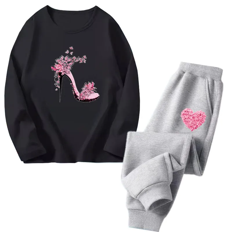 Girls flower heart Print Clothes Set Kids Cotton Long Sleeved T-shirt Top+Sweatpants Outfit Girls Spring Fashion Tracksuits