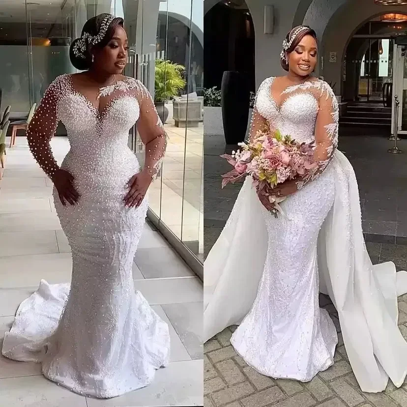 Customized Luxury Arabic White Mermaid Wedding Dresses pearls Deep V Neck Long Sleeve shiny Lace Appliques Bridal Gows