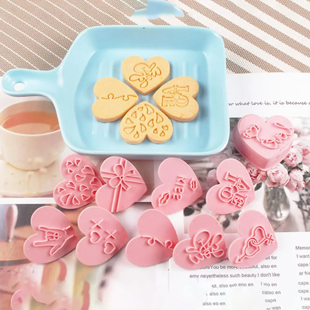 10Pcs Cookie Cutter Reusable Cartoon Design Non-stick DIY Happy Valentine\'s Day Love Heart Shape Fondant Cake Stamp Kitchen Tool