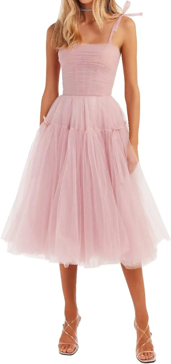 

Spaghetti Straps Tulle Prom Dresses Tea Length Sleeveless Formal Evening Party Gowns for Women Backless A-Line Luxury Dress