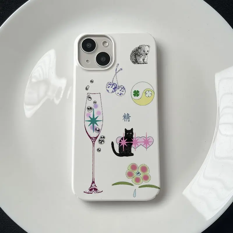 Korean Cute Graffiti Wine Glass Cat Phone Case for IPhone 14 11 12 13 Pro Max Cute Cartoon Retro Phone Case for IPhone XR XS MAX