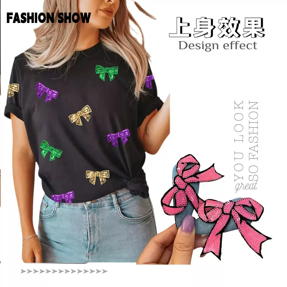 Fashion Sequin Bow Cloth Patch DIY Ironable & Sewn Decorative Patch for Clothing & Hats Handmade Embroidery Material