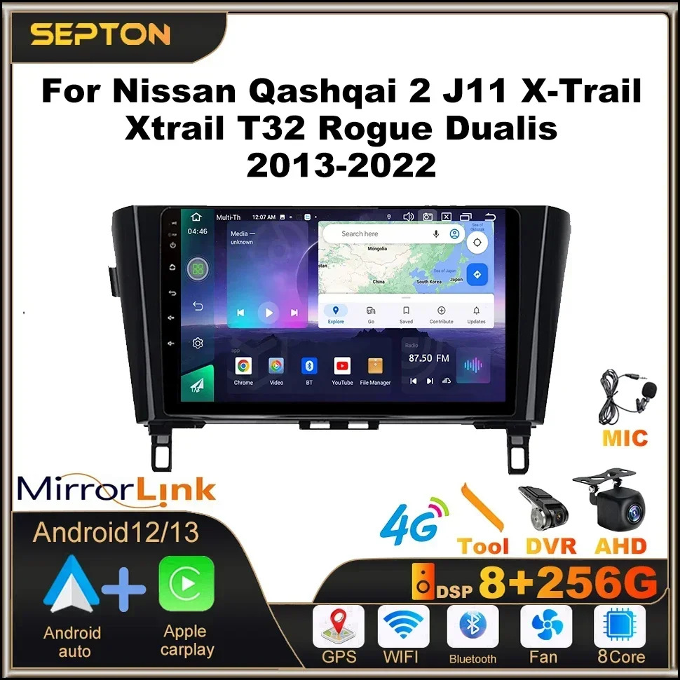 

SEPTON Car Radio for Nissan Qashqai 2 J11 X-Trail Xtrail T32 Rogue Dualis 2013-2022 Multimedia 2Din Android CarPlay 4G GPS Navi
