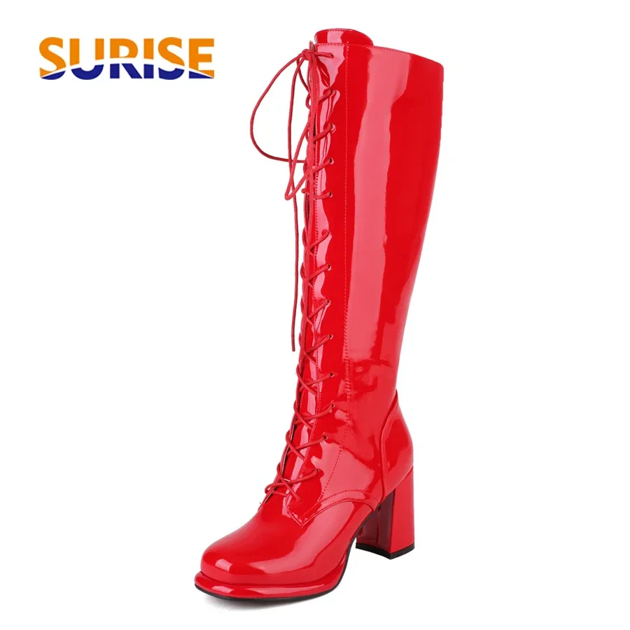 Sexy Women Knee High Boots Chunky Heels Red White Black Patent Leather Party Dress Ladies Winter Autumn Zipper Riding Long Boots