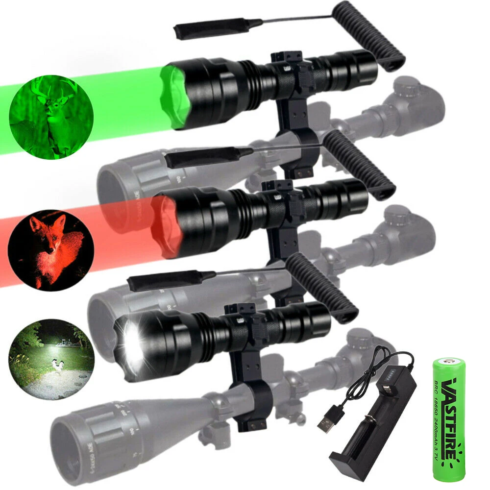 

Powerful C8 Professional Green LED Hunting Flashlight Tactical 1-Mode Torch+8 Type Rifle Scope Mount+Remote Switch+18650+Charger