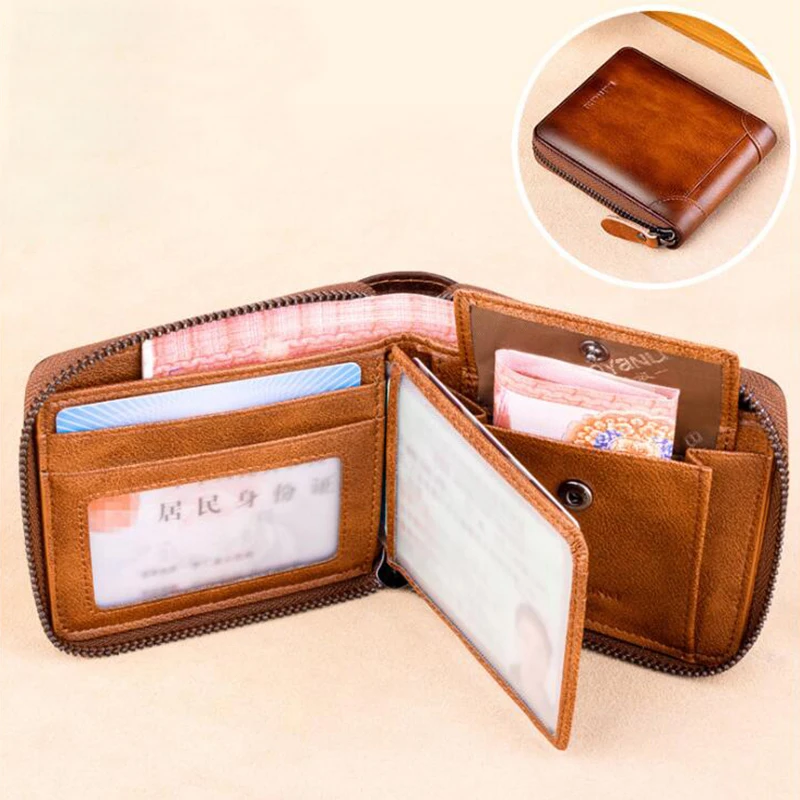 Man Functional Small Zipper Purse Anti RFID Real Cow Leather Card Coin Wallet for Men Travel Business