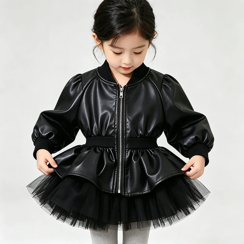 New Spring Autumn Girls PU Leather Jacket Lace Patchwork Windbreaker Kids Casual Long Sleeve Coat Baby Girl Outerwear