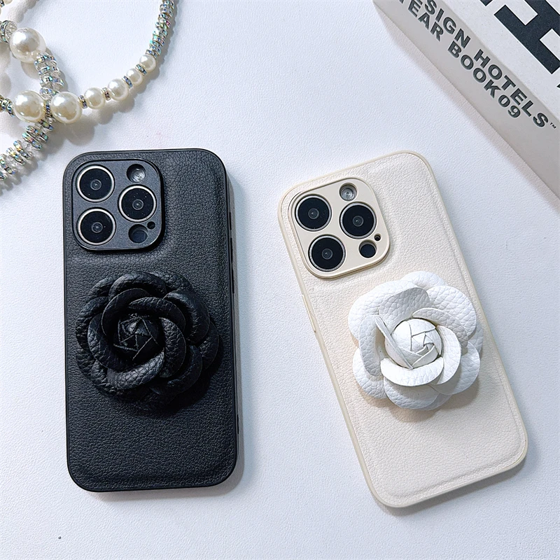 Luxury fashion stereoscopic camellia PU leather Case for iPhone 16 15 14 Phone Cover 13 12 11 Pro MAX Hard Shockproof Back Funda