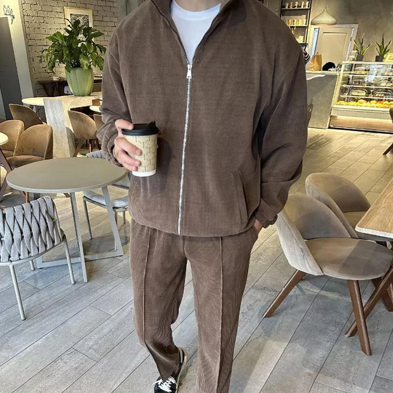 

Men Fashion Tracksuits 2024 Zipper Stand Collar Long Sleeve Sweatshirt Tops&Drawstring Pants Set Casual Corduroy SuitsTwo Piece