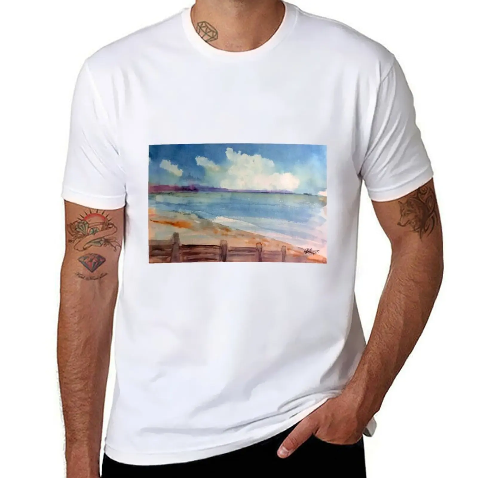 

Watercolour painting of a sunny Spring day at Whitstable West Beach T-Shirt sweat vintage anime shirt customs cotton t shirt men