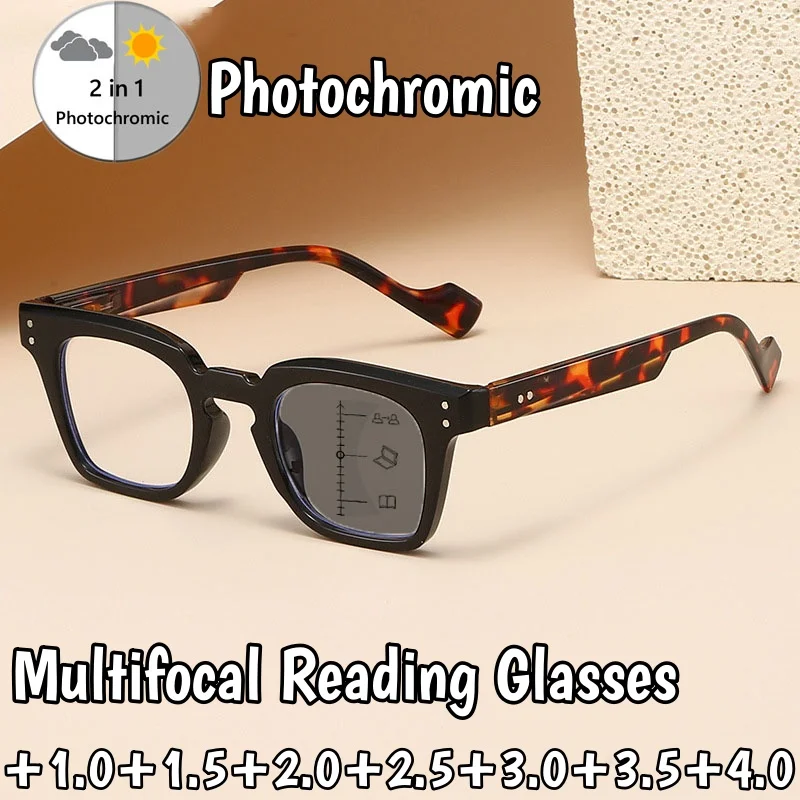 

Retro Multifocal Photochromic Reading Glasses Unisex Anti-Blue Light Reading Eyewear Multifocal Degree Glasses Near and Away
