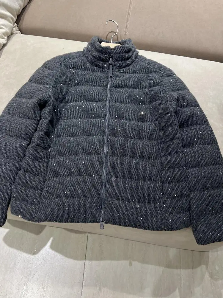 Sequin Zipper Women Short Goose Down Jacket, 90% White Goose Down, Stand Collar Warm Coat