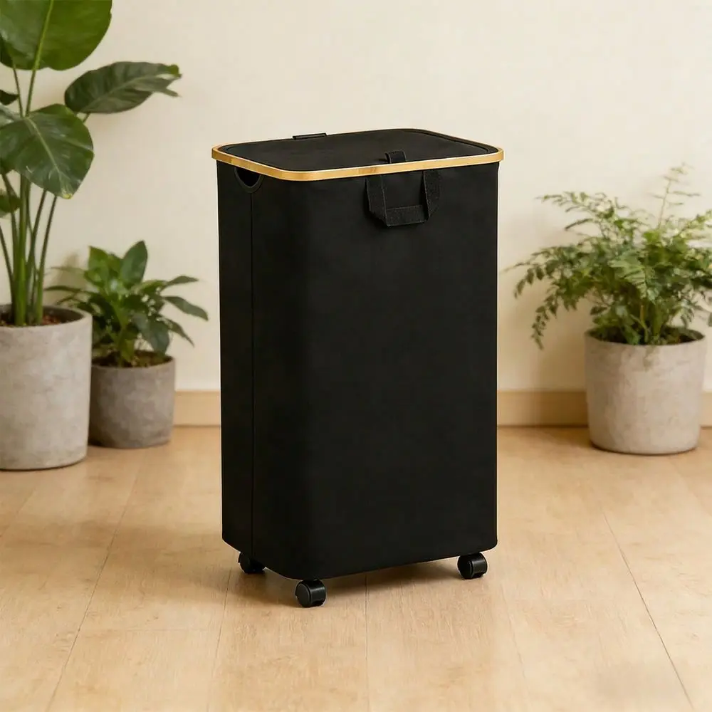 

Hamper With Wheels And Lid, 100L Rolling Clothes Basket With 4 Wheels 2 Locking, Bamboo Handle Frame Always Upright, Collapsibl