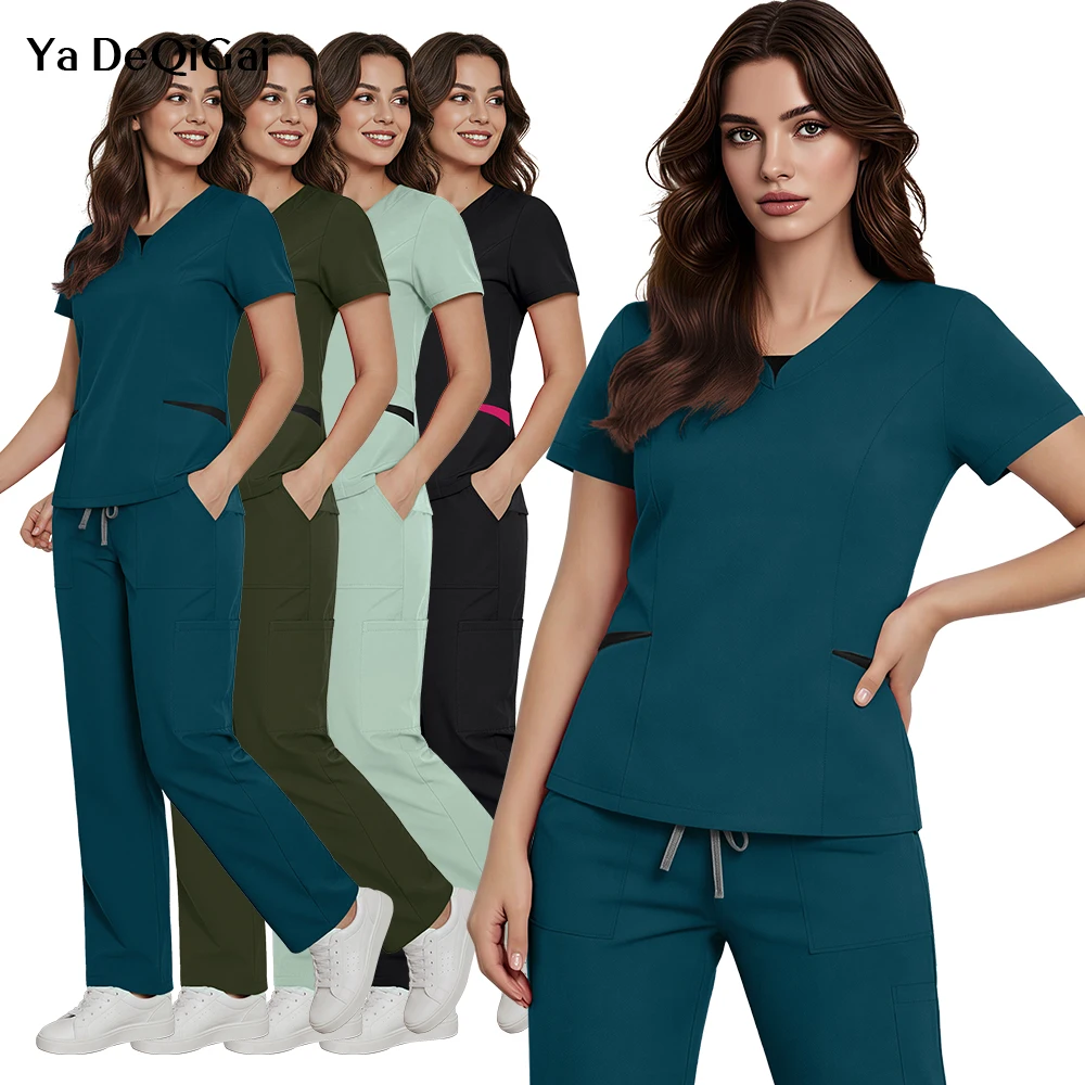 Tenues Médicales pour Femmes : Ensemble Blouse et Pantalon à Col en V Manches Courtes – Tenue de Travail pour Infirmières, Médecins et Professionnels de la Santé (Hôpital, Dentisterie, Chirurgie)
