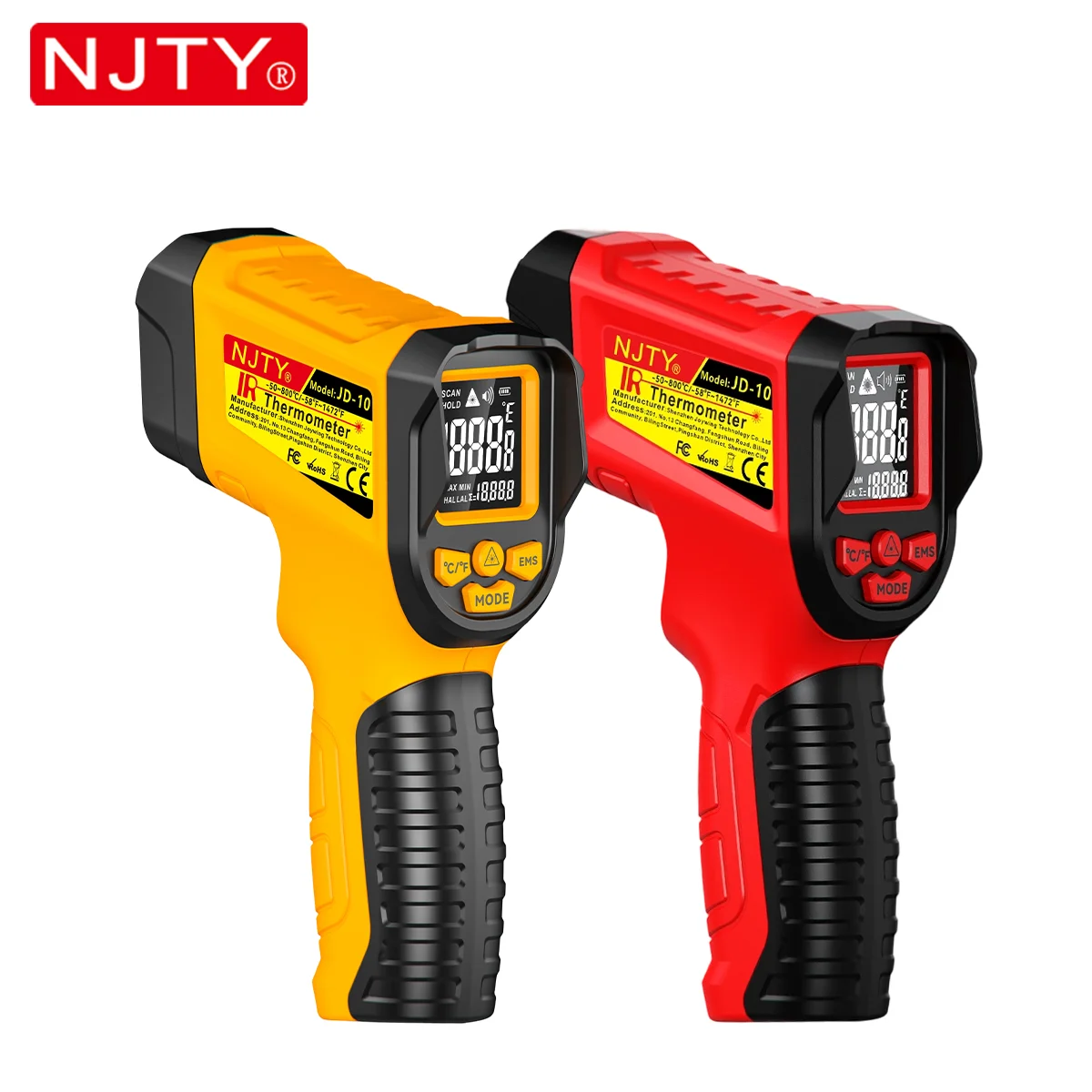 NJTY JD-10 Infrared Thermometer -50-800℃ Non-Contact Temperature Gun Adjustable Emissivity High Low Alarm Industrial Temp Gun