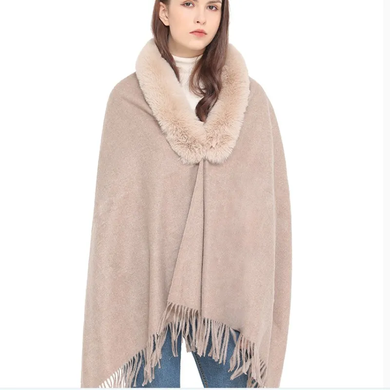 

Autumn Imitation Fur Collar Scarf Cape Winter Warm Women Scarf Shawl Dual Purpose Ponchos Lady Capes Cloak Khaki Cardigan