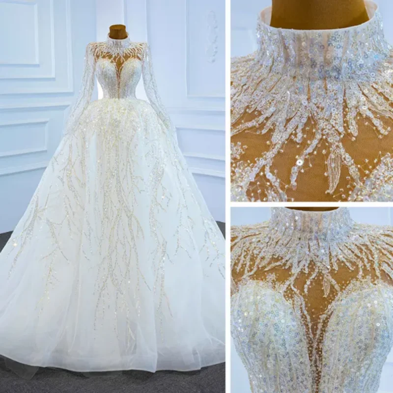 

2025 Women's Custom Wedding Dress High Neck Long Sleeves Mesh Sequins And Lace Deep V-Neck Large Skirt Backless Strap