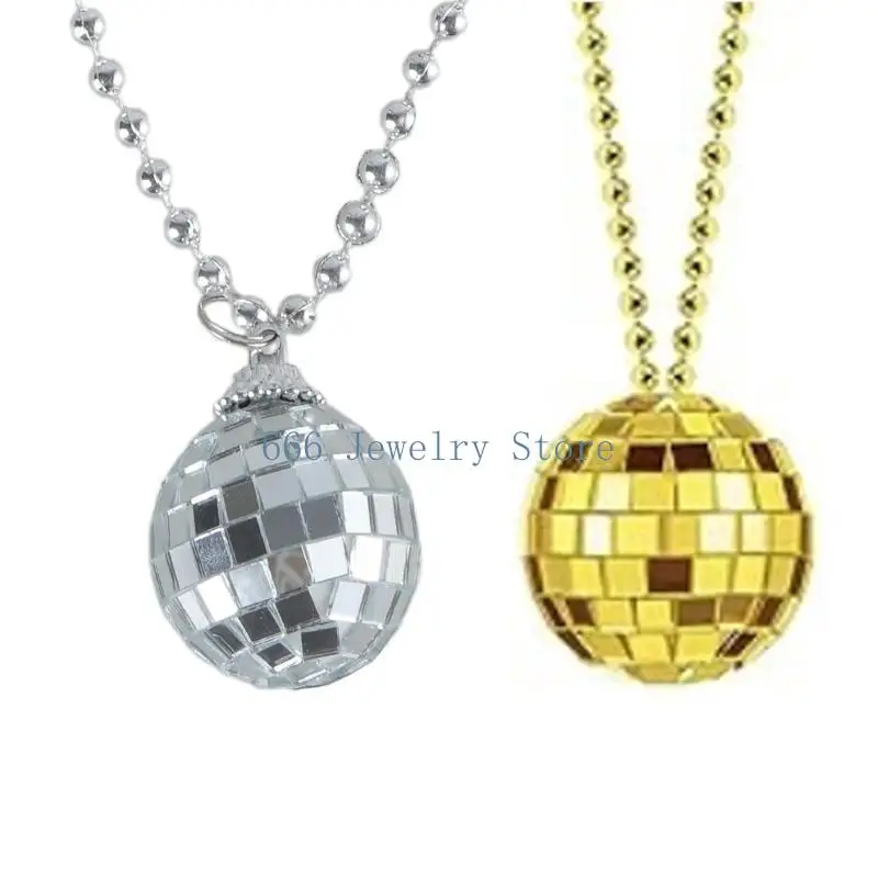 F2TD 70s Mirror Disco Ball Neck Chain Party Necklace Disco Silver/Gold Ball Neckwear