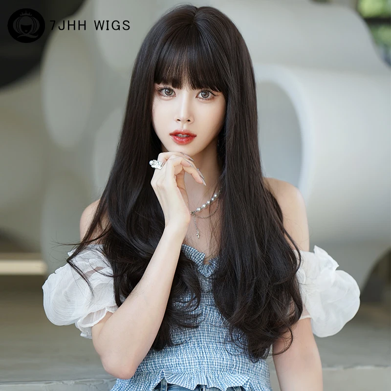 7JHH WIGS Synthetic Dark Brown Wigs with Fluffy Bangs New Trend Loose Straight Ombre Body Wavy Wig for Women Beginner Friendly