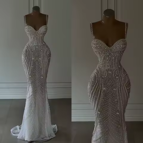 Gorgeous Mermaid Spaghetti Strap Prom Dress More Pearls Crystal Beading Evening Dress V-Neck Customized Party Gown