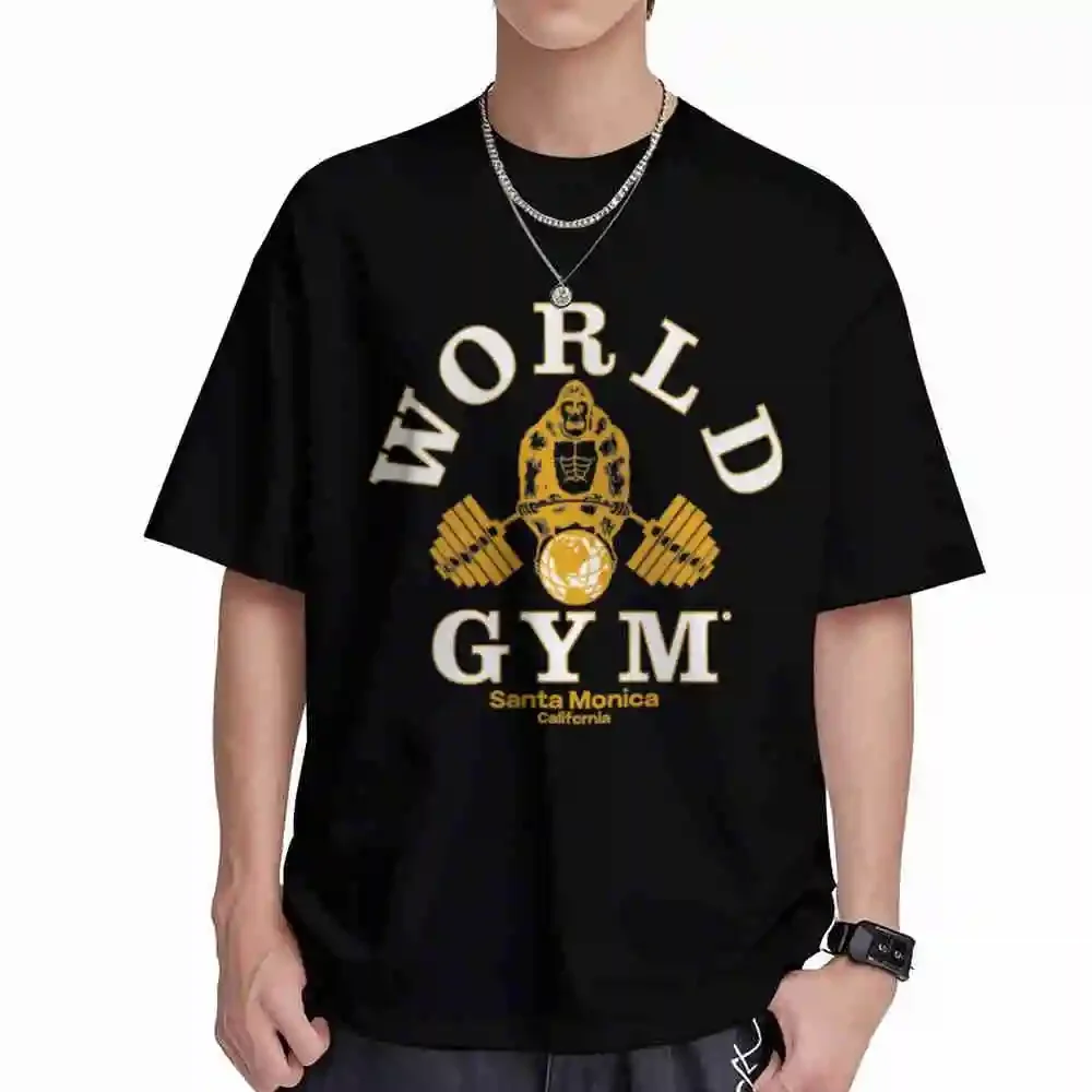 S World Gym Retro Logo Vintage Muscle Beach Bodybuilding Santa Monica Short Sleeve Tee 100% Cotton T-Shirt