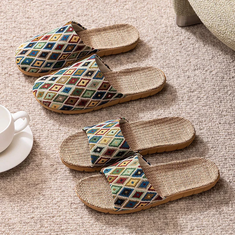 Linen slippers - Women's summer home use, for couple indoor soft sole suitable for hardwood floors high appearance le