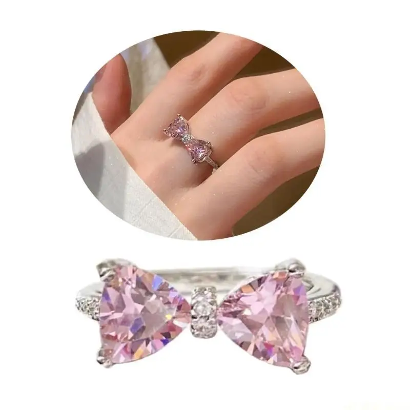 

D46E Корейское кольцо с кристаллами для женщин, открытые кольца с блестящим камнем и бантом, винтажные геометрические кольца