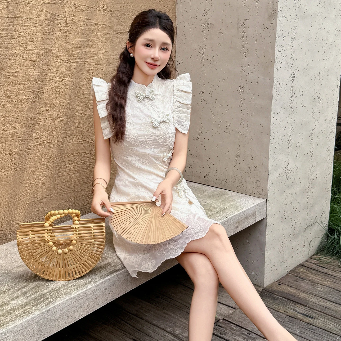 Butterfly Knot Buttons & Matching Shorts, Summer Casual Wear Chinese Style Modified Qipao Two-Piece Set, Short Sleeve Dress