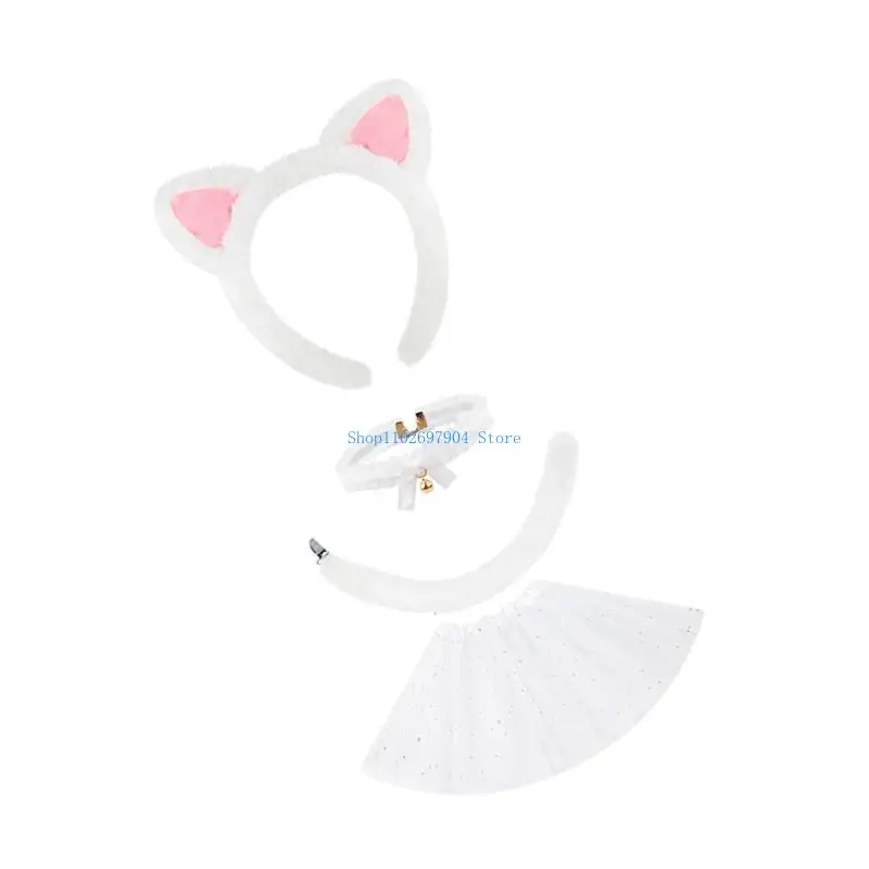 مجموعة أزياء القطط N7YF 3/4 للقطط وذيل الأذن توتو تنورة وقلادة على شكل حيوان طقم أزياء فاخر