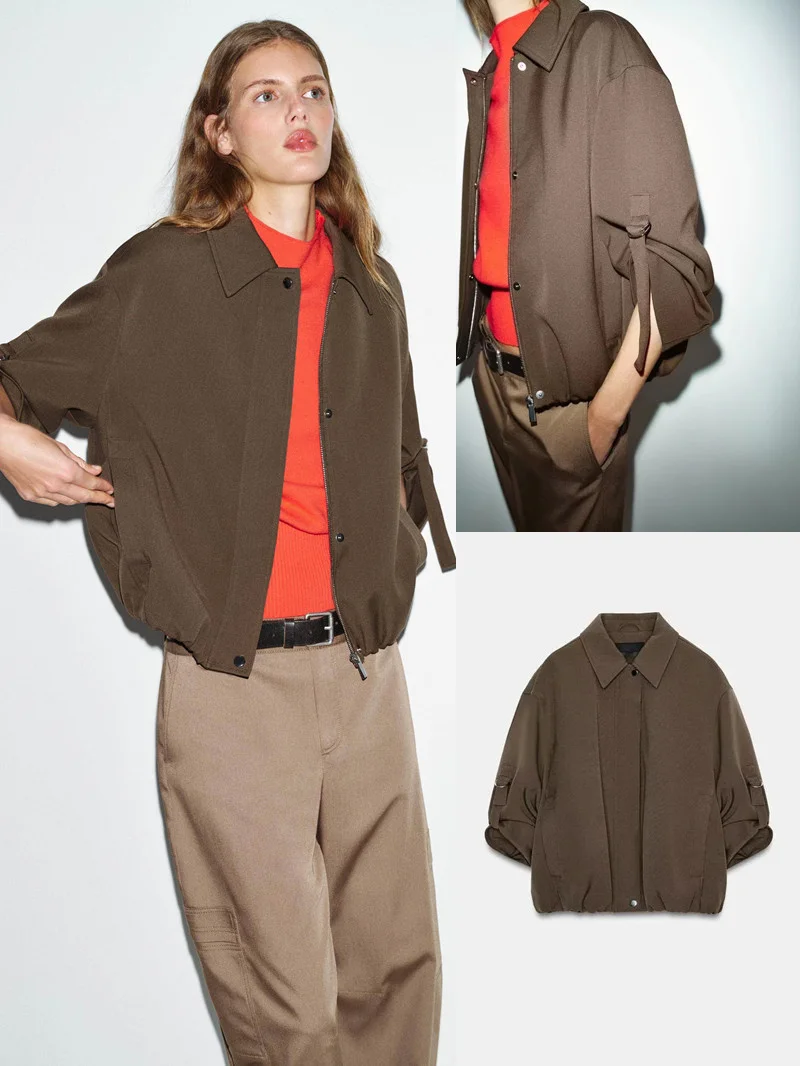 

Повседневная модная куртка-пилот женская, весна-лето, новинка, с отложным воротником, синей отделкой, с манжетами, на молнии