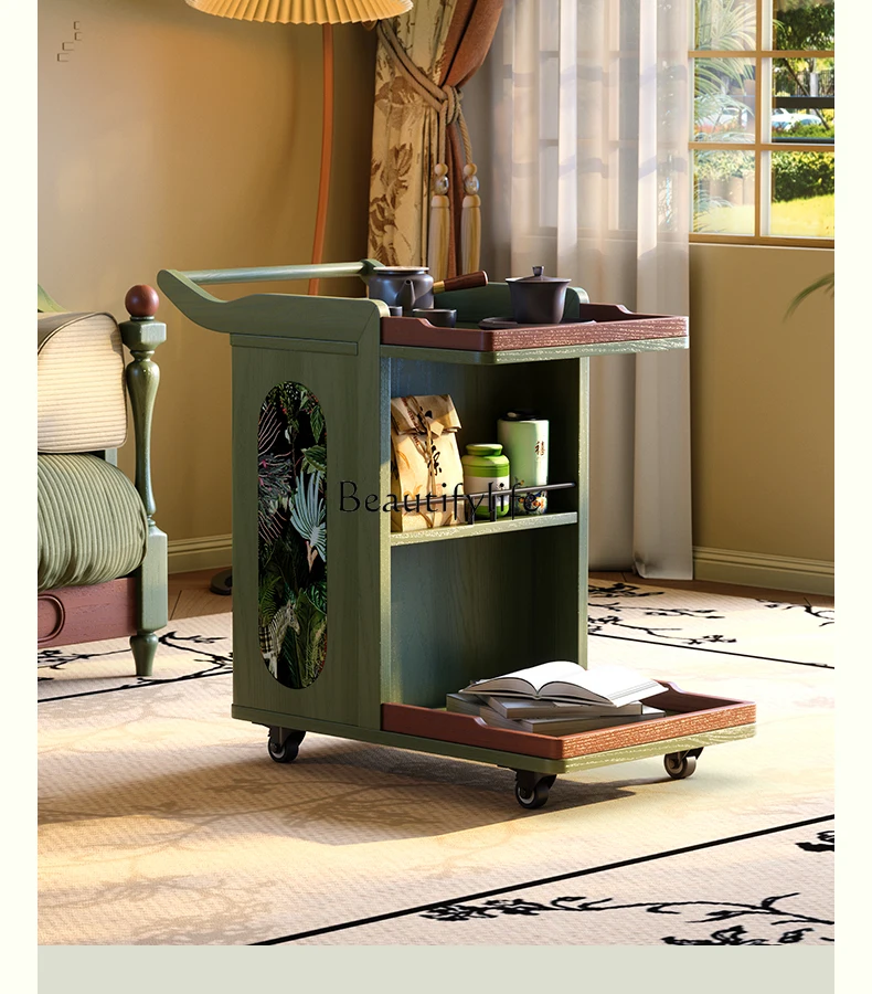 

French retro movable solid wood trolley antique tea table